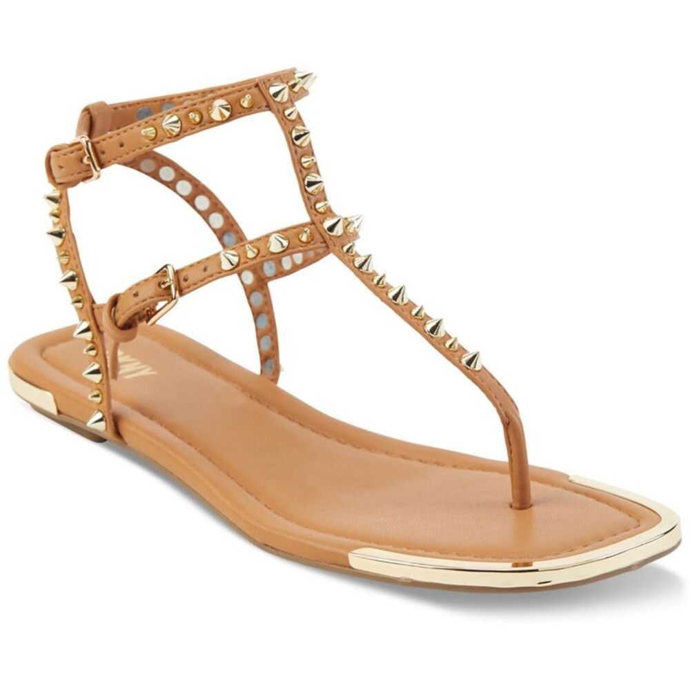 DKNY Womens Hadi Tan Faux Leather Studded Strappy Thong Sandals Shoes NWT